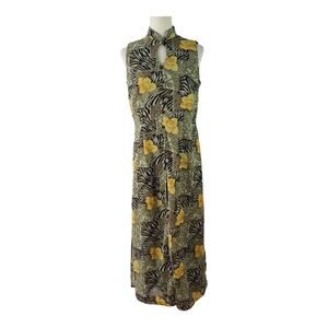 DressBarn Yellow Green Black Floral Over Black Vintage Maxi Dress 10